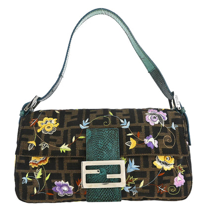 Fendi * Brown Blue Lizard Zucca Baguette Handbag