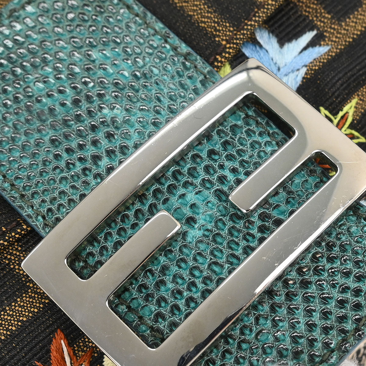 Fendi * Brown Blue Lizard Zucca Baguette Handbag