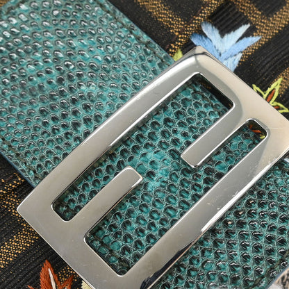 Fendi * Brown Blue Lizard Zucca Baguette Handbag