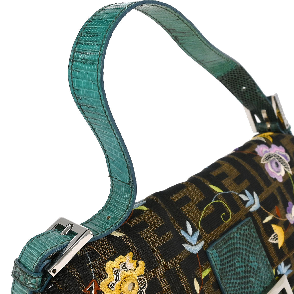 Fendi * Brown Blue Lizard Zucca Baguette Handbag