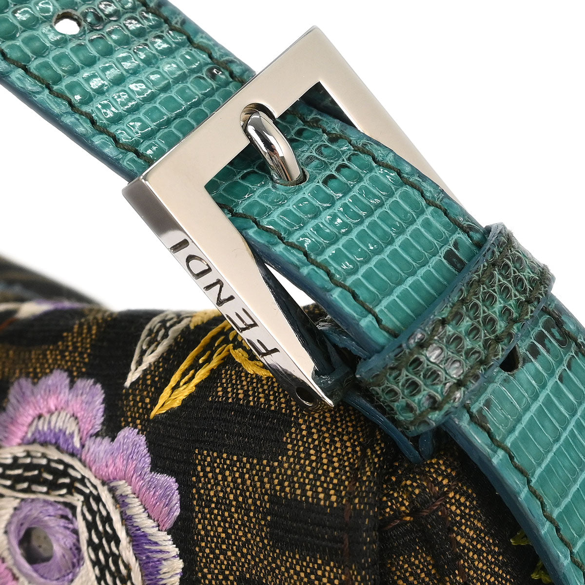 Fendi * Brown Blue Lizard Zucca Baguette Handbag