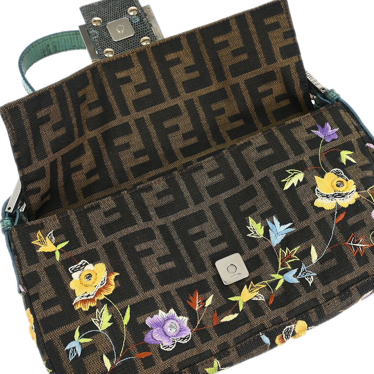 Fendi * Brown Blue Lizard Zucca Baguette Handbag