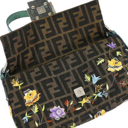 Fendi * Brown Blue Lizard Zucca Baguette Handbag