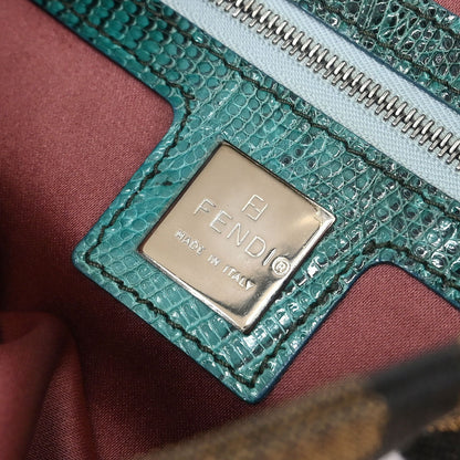 Fendi * Brown Blue Lizard Zucca Baguette Handbag