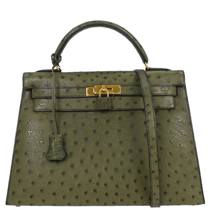 Hermes * Olive Green Ostrich Kelly 32 Sellier Handbag