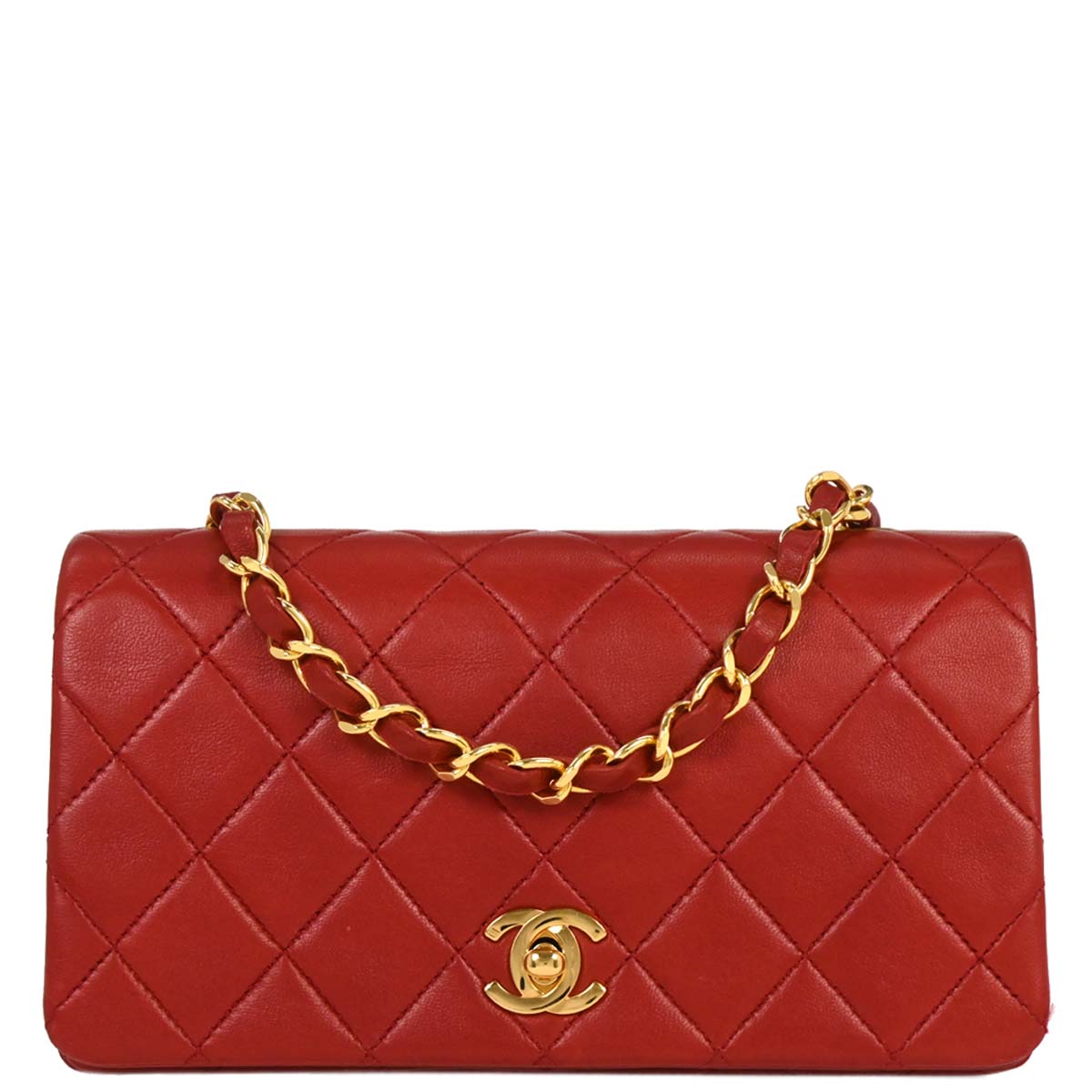 Chanel 1989-1991 Red Lambskin Turnlock Mini Full Flap Shoulder Bag