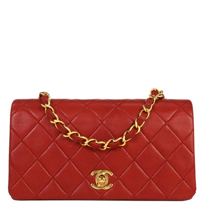 Chanel 1989-1991 Red Lambskin Turnlock Mini Full Flap Shoulder Bag