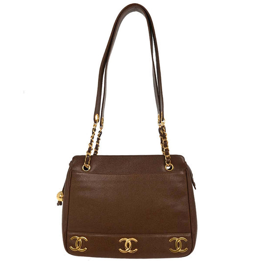Chanel 1994-1996 Brown Calfskin Triple CC Shoulder Tote Bag
