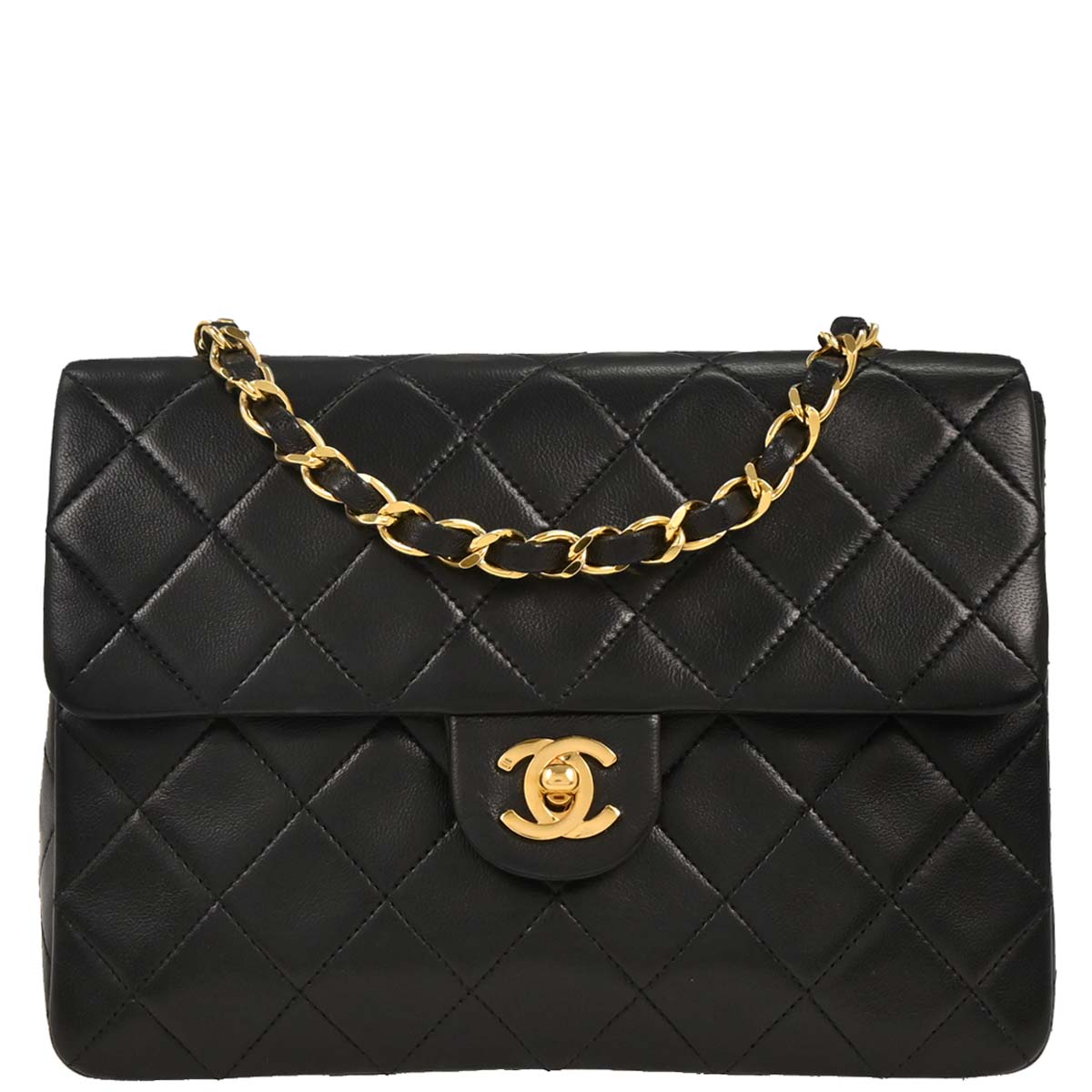 Chanel 1989-1991 Black Lambskin Classic Square Flap Shoulder Bag 20