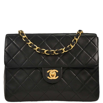 Chanel 1989-1991 Black Lambskin Classic Square Flap Shoulder Bag 20
