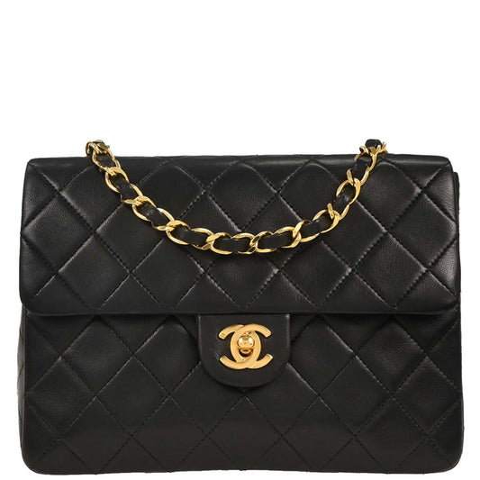 Chanel 1989-1991 Black Lambskin Classic Square Flap Shoulder Bag 20
