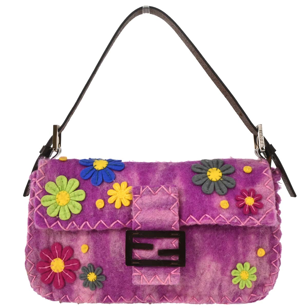 Fendi Purple Felt Patchwork Baguette Handbag