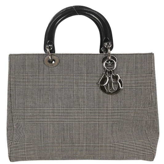 Christian Dior Black Canvas Large Lady Dior Houndstooth Handbag