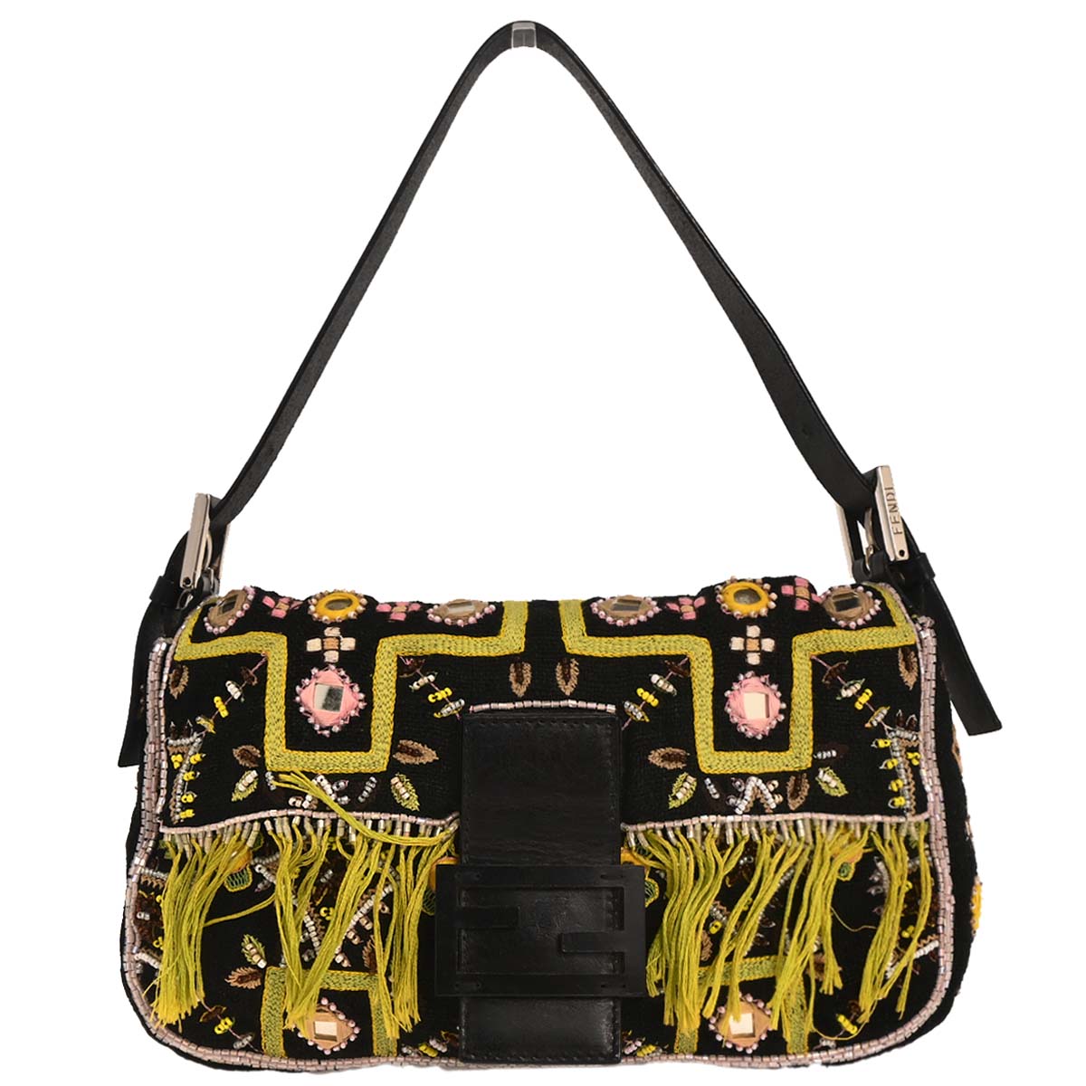 Fendi Black Cotton Beaded Embroidered Baguette Handbag