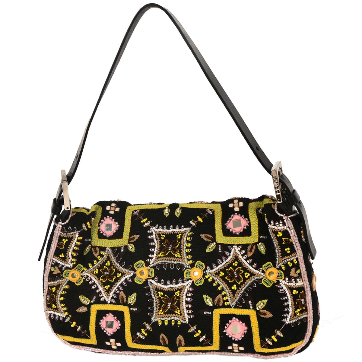 Fendi Black Cotton Beaded Embroidered Baguette Handbag