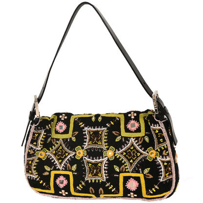 Fendi Black Cotton Beaded Embroidered Baguette Handbag