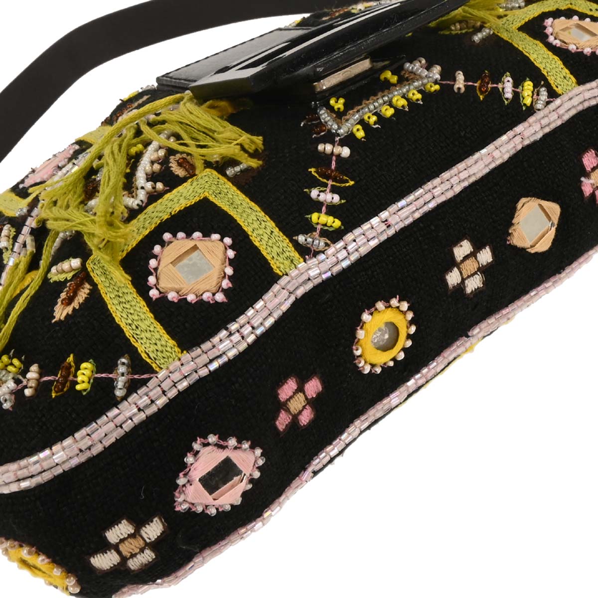 Fendi Black Cotton Beaded Embroidered Baguette Handbag