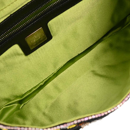 Fendi Black Cotton Beaded Embroidered Baguette Handbag