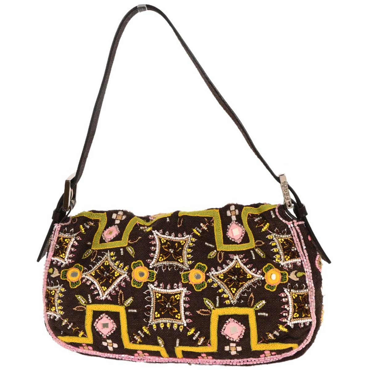 Fendi Brown Cotton Beaded Embroidered Baguette Handbag