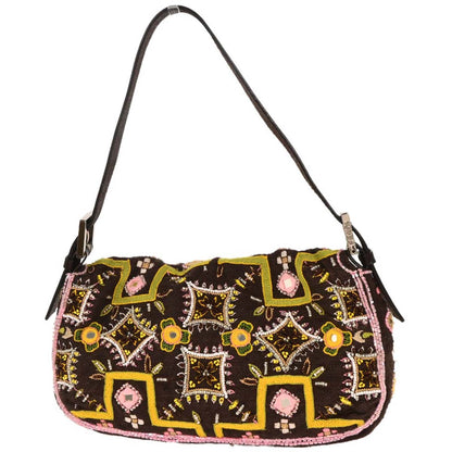 Fendi Brown Cotton Beaded Embroidered Baguette Handbag