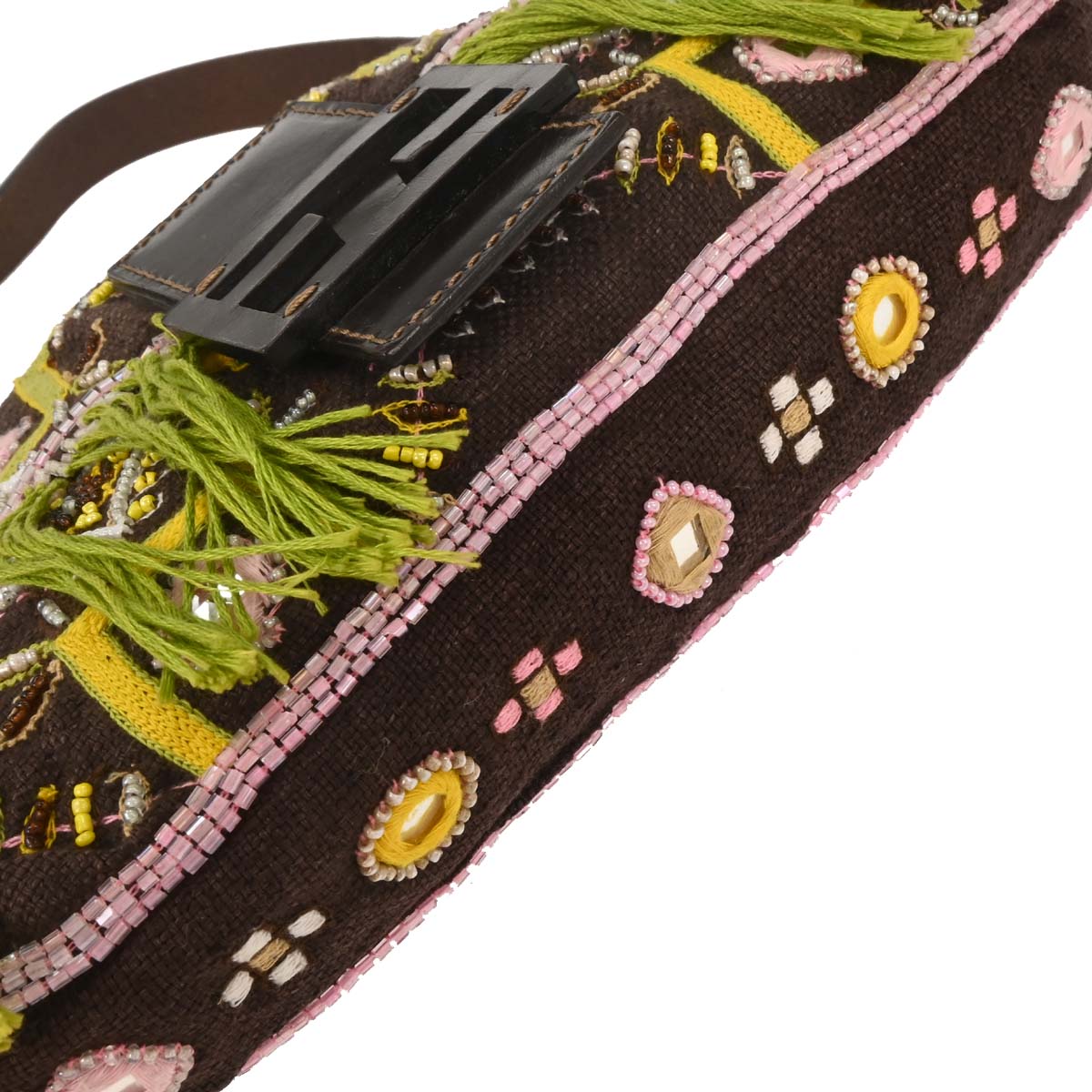Fendi Brown Cotton Beaded Embroidered Baguette Handbag
