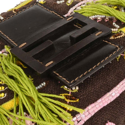 Fendi Brown Cotton Beaded Embroidered Baguette Handbag