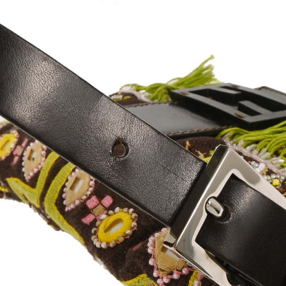 Fendi Brown Cotton Beaded Embroidered Baguette Handbag