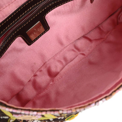 Fendi Brown Cotton Beaded Embroidered Baguette Handbag