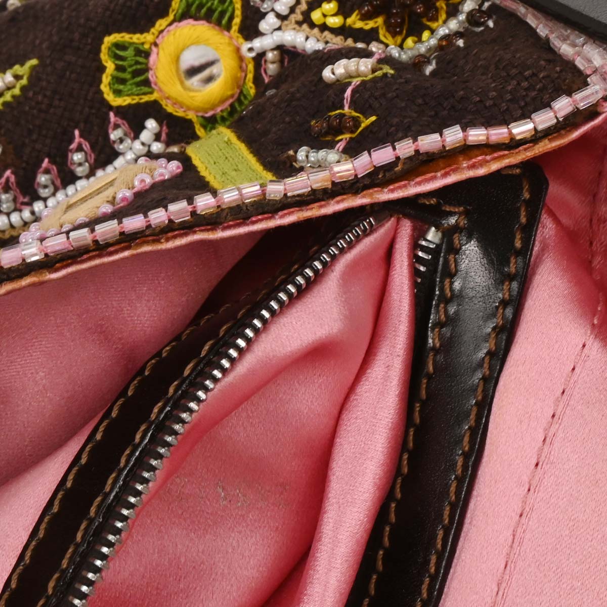 Fendi Brown Cotton Beaded Embroidered Baguette Handbag