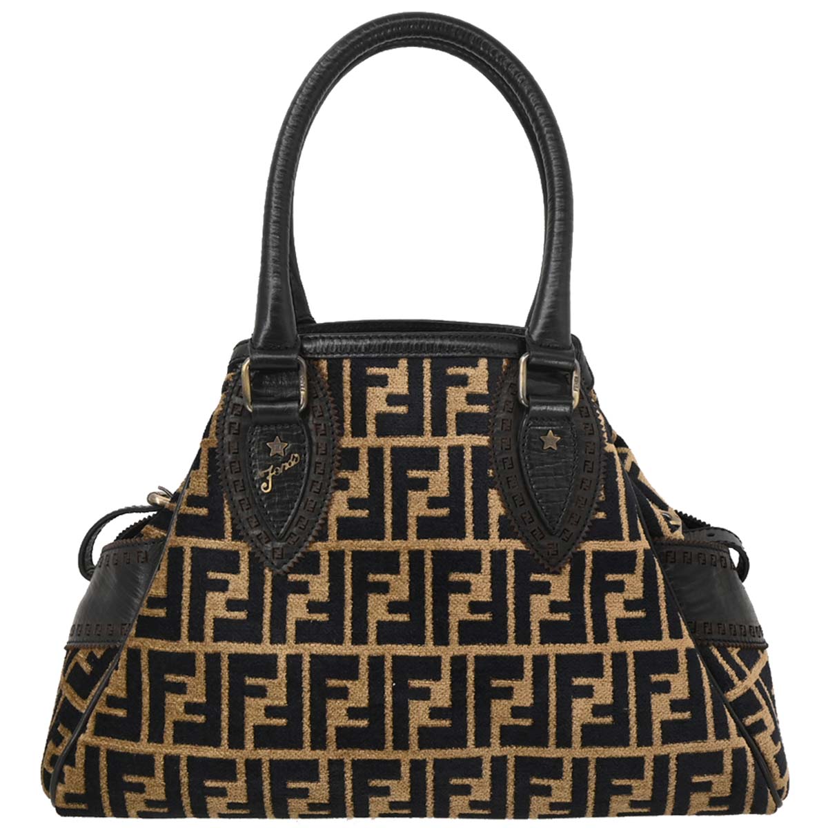 Fendi 2006 Black Beige Cotton Jacquard Du Jour Tote Bag