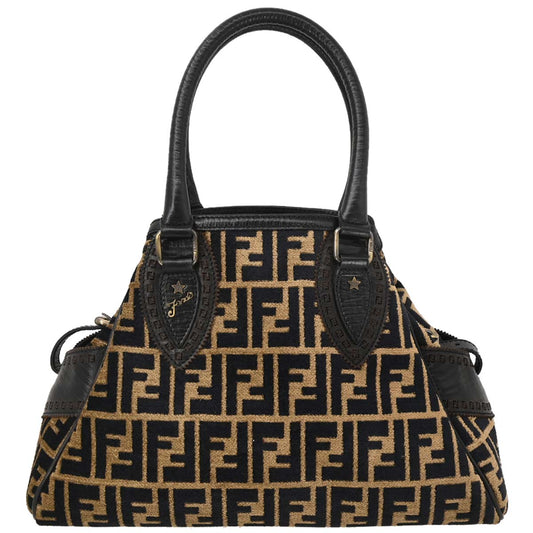 Fendi 2006 Black Beige Cotton Jacquard Du Jour Tote Bag