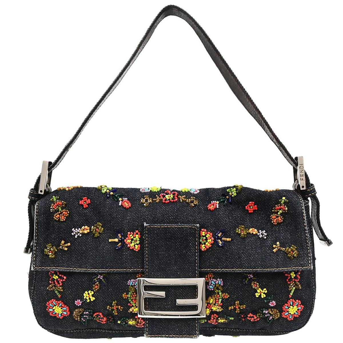 Fendi Navy Denim Beaded Baguette Handbag