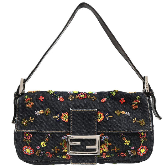 Fendi Navy Denim Beaded Baguette Handbag
