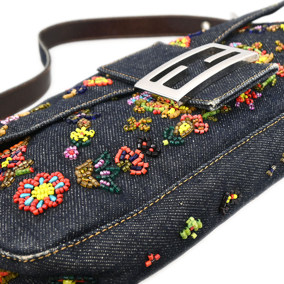 Fendi Navy Denim Beaded Baguette Handbag