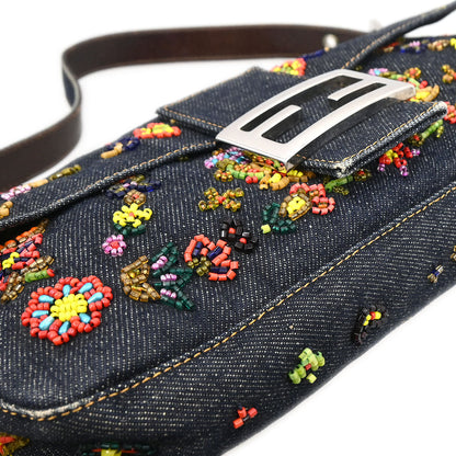 Fendi Navy Denim Beaded Baguette Handbag