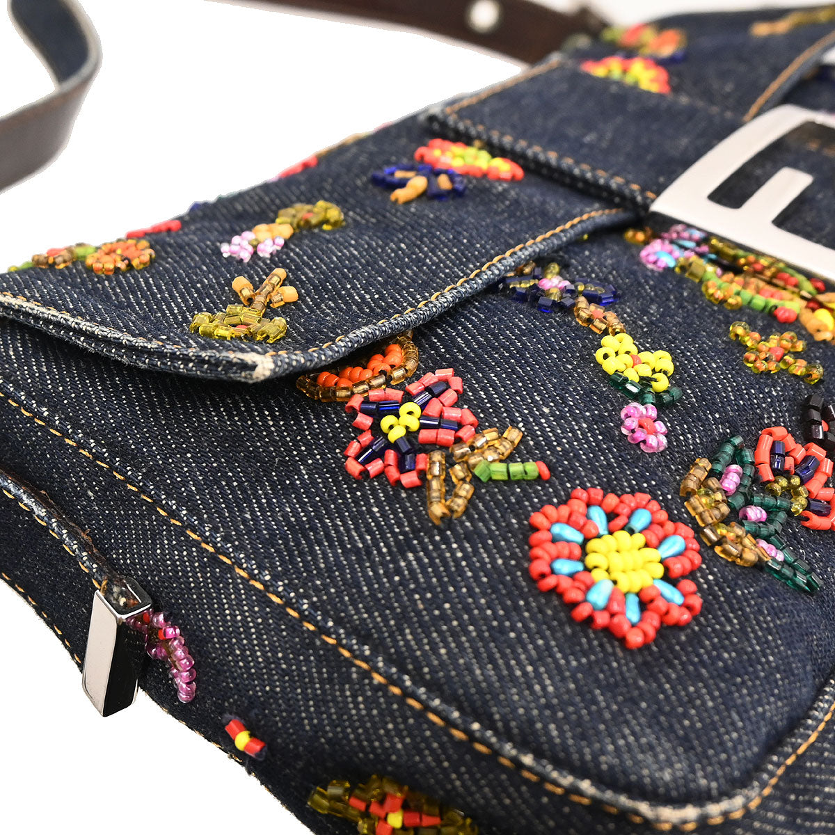 Fendi Navy Denim Beaded Baguette Handbag