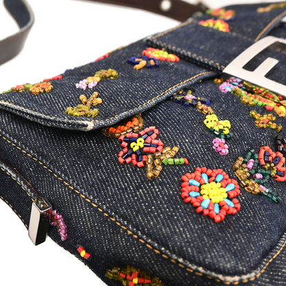 Fendi Navy Denim Beaded Baguette Handbag