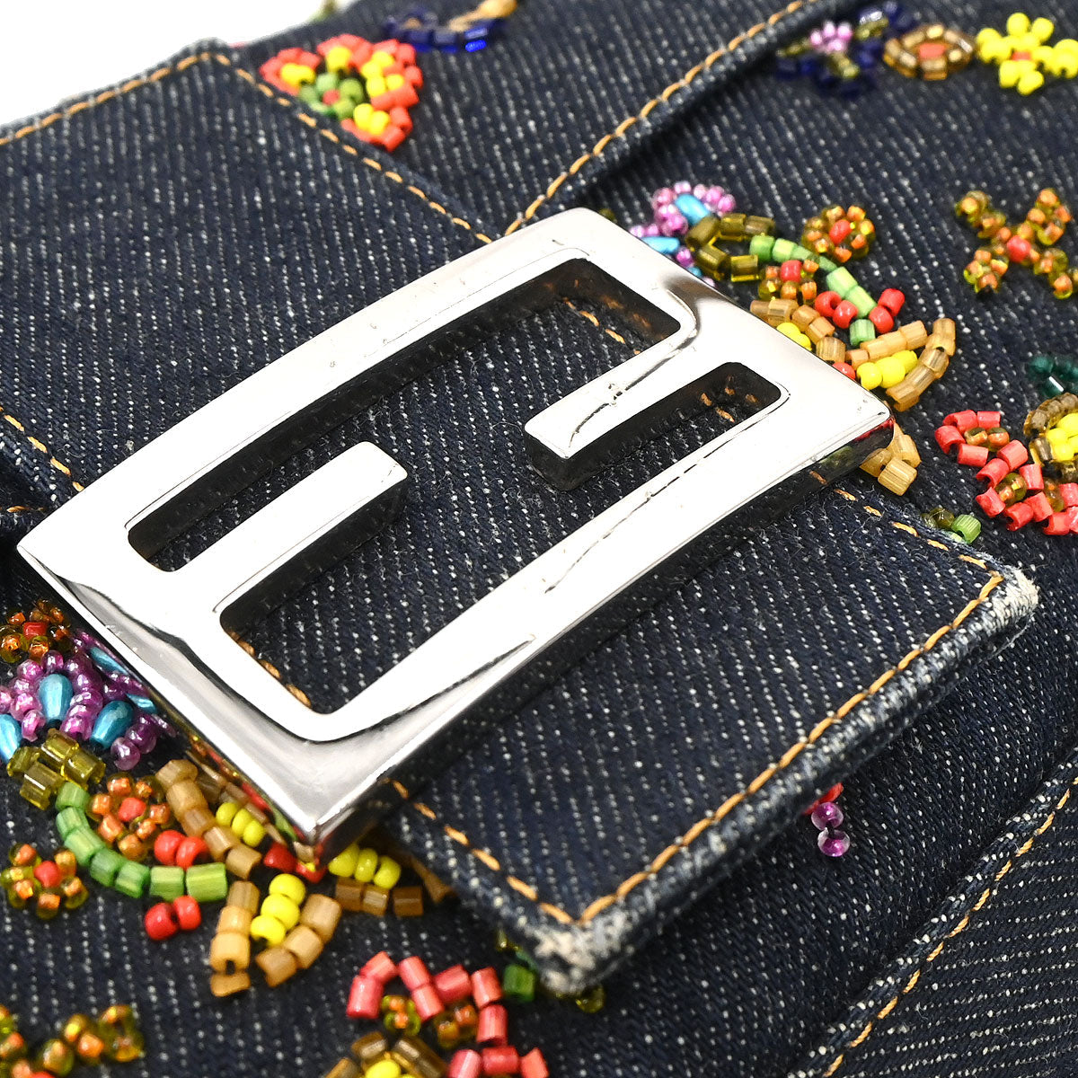 Fendi Navy Denim Beaded Baguette Handbag