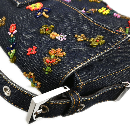 Fendi Navy Denim Beaded Baguette Handbag