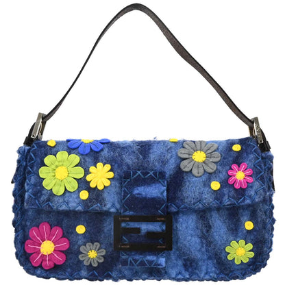 Fendi Blue Felt Patchwork Baguette Handbag