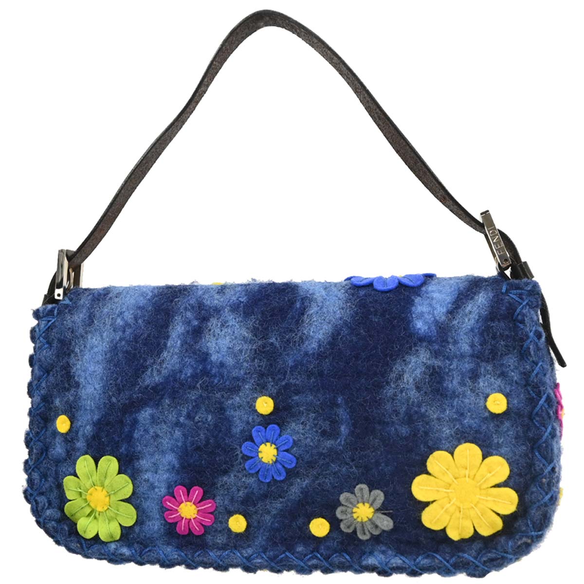Fendi Blue Felt Patchwork Baguette Handbag