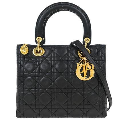 Christian Dior Black Lambskin Medium Lady Dior Cannage 2way Shoulder Handbag