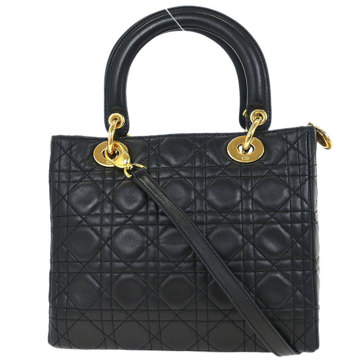 Christian Dior Black Lambskin Medium Lady Dior Cannage 2way Shoulder Handbag