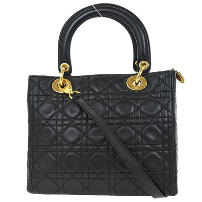 Christian Dior Black Lambskin Medium Lady Dior Cannage 2way Shoulder Handbag