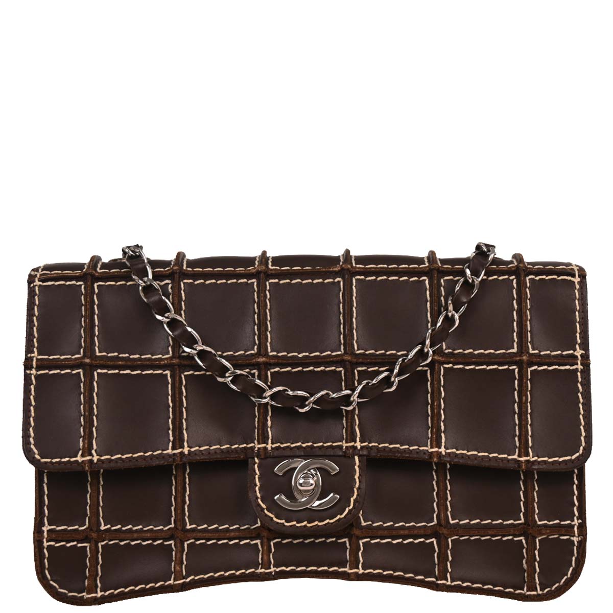 Chanel 2001-2003 Brown Calfskin Wild Stitch Choco Bar Waffle Shoulder Bag