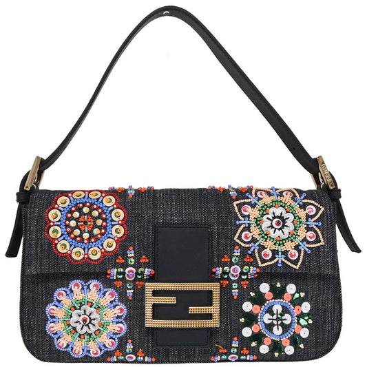 Fendi Navy Denim Beaded Baguette Handbag