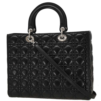 Christian Dior Black Lambskin Large Lady Dior Cannage 2way Shoulder Handbag
