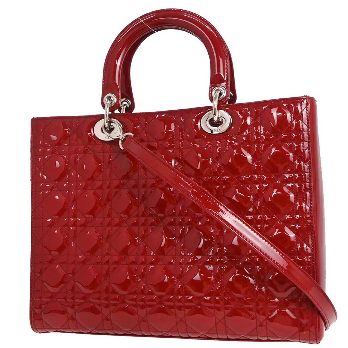 Christian Dior Red Patent Leather Large Lady Dior 2way Shoulder Handbag