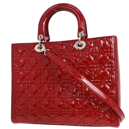 Christian Dior Red Patent Leather Large Lady Dior 2way Shoulder Handbag