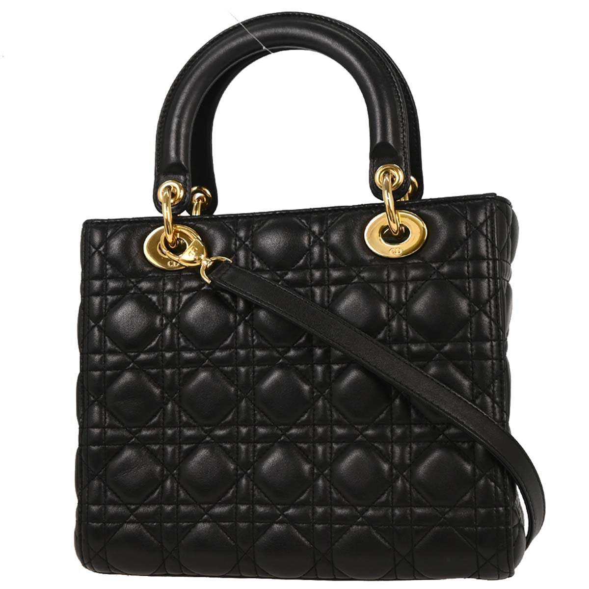 Christian Dior Black Lambskin Medium Lady Dior Cannage 2way Shoulder Handbag